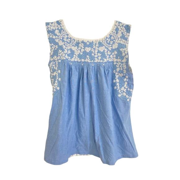 Mi Golondrina Flores Embroidered Mexican Top Blouse Blue White Cotton Tuckernuck - Picture 2 of 5